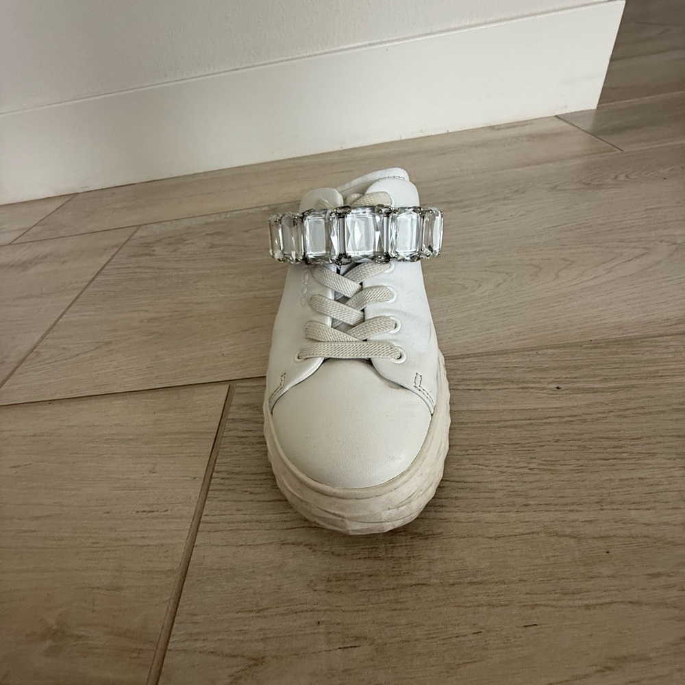 Jimmy Choo Silver White Sneakers with Textured Sole and gem strap